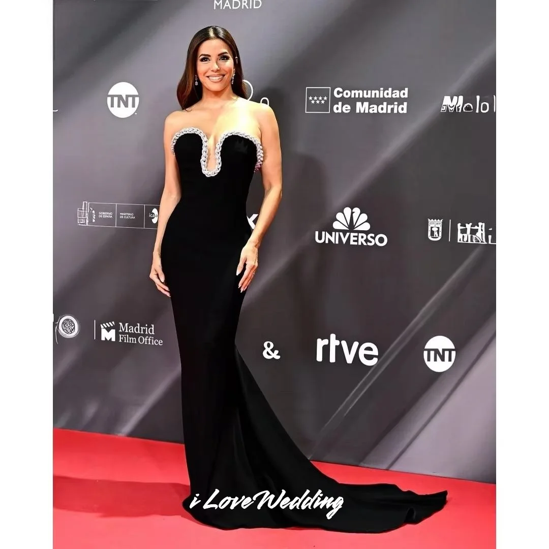 

Black Sweetheart Prom Dresses Beaded Chain Sleeveless Backless Mermaid Floor-Length Pleated Sweep Train Party Dresses Customized