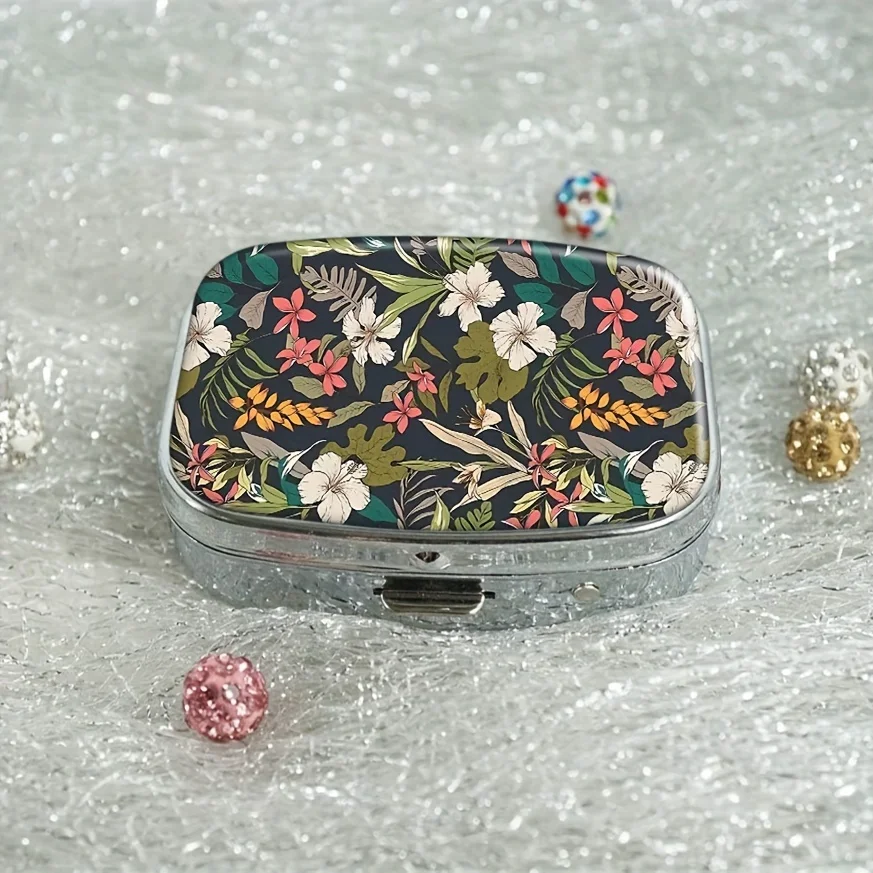 Bohemian Retro Flower Pill Storage Box - Compact Rectangle Vitamin Box, Suitable for Handbags and Travel,Decorative Medicine Box