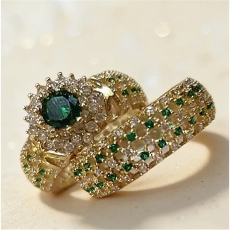 Exquisite Gold Color Hip Hop Rings for Women Fashion Inlaid Zircon Green Stones Wedding Rings Set Bridal Engagement Jewelry