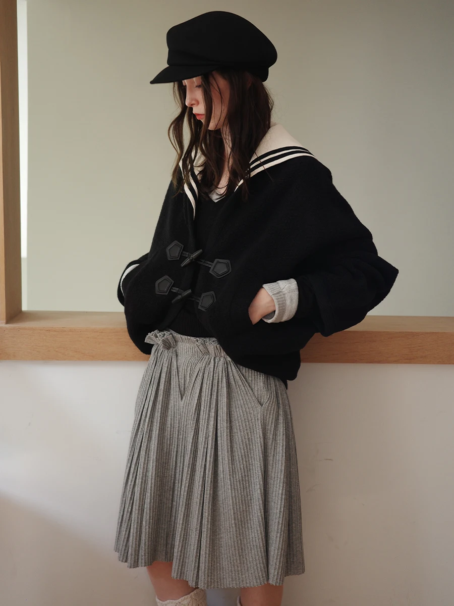 

DKZ Detachable Sailor Collar Wide oulder Women's Coat Loose Batwing Sve Woolen Jaet Vintage Sle Ladies ort Coat