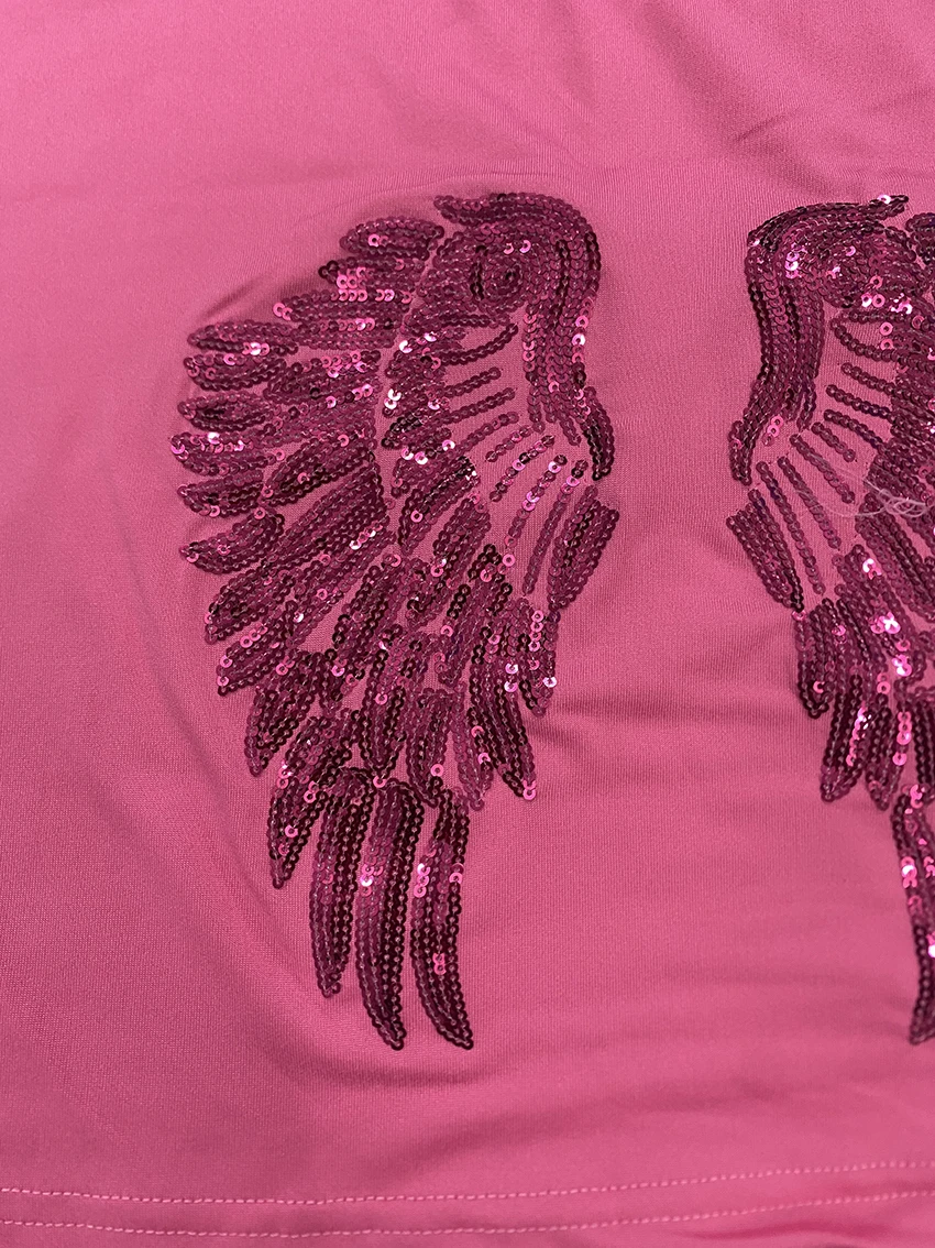 Y2K Mode Damen Einfarbige Camisole Tops mit Rückenflügel-Pailletten-Design, Schlanke Kurze Ärmellose Tanktops mit Spaghettiträgern für den Sommer und Clubwear – Detail 17