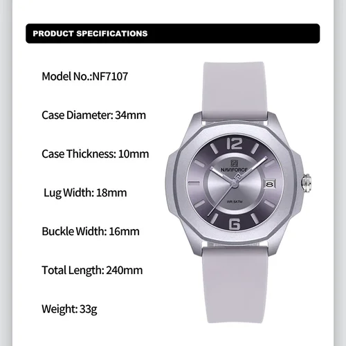Imagen 2 del producto Reloj NAVIFORCE 7107 para mujer, reloj de pulsera elegante de cuarzo con correa de silicona para mujer, reloj resistente al agua hasta 5atm con indicador de fecha para mujer