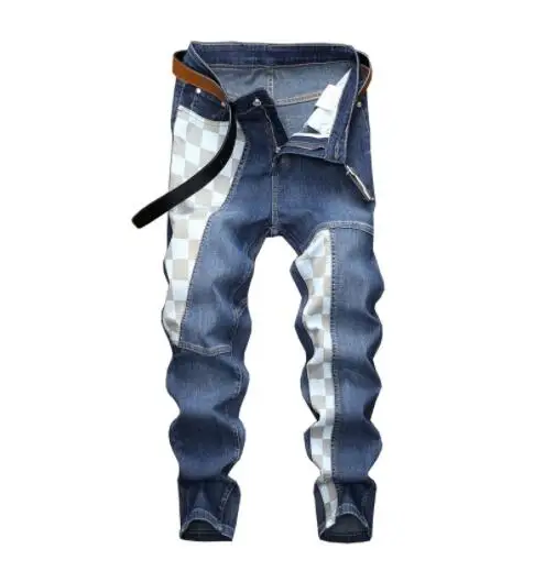 

2022 spring new Korean version trend stitching jeans men's slim stretch men's pants tide brand blue long pants men