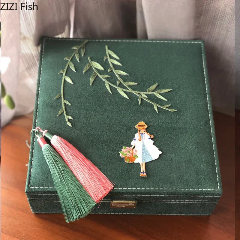 Cute Cartoon Figure Flannel Embroidery Storage Box with Lock Makeup Box Dressing Table Jewelry Organizer Necklace Hanging Rack