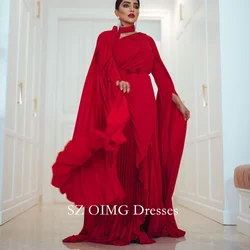 OIMG Arabic High Neck Satin  Dress Fashion Long Sleeves Pleated Modest Customized Wedding Party Gowns For Women 2024 Customized