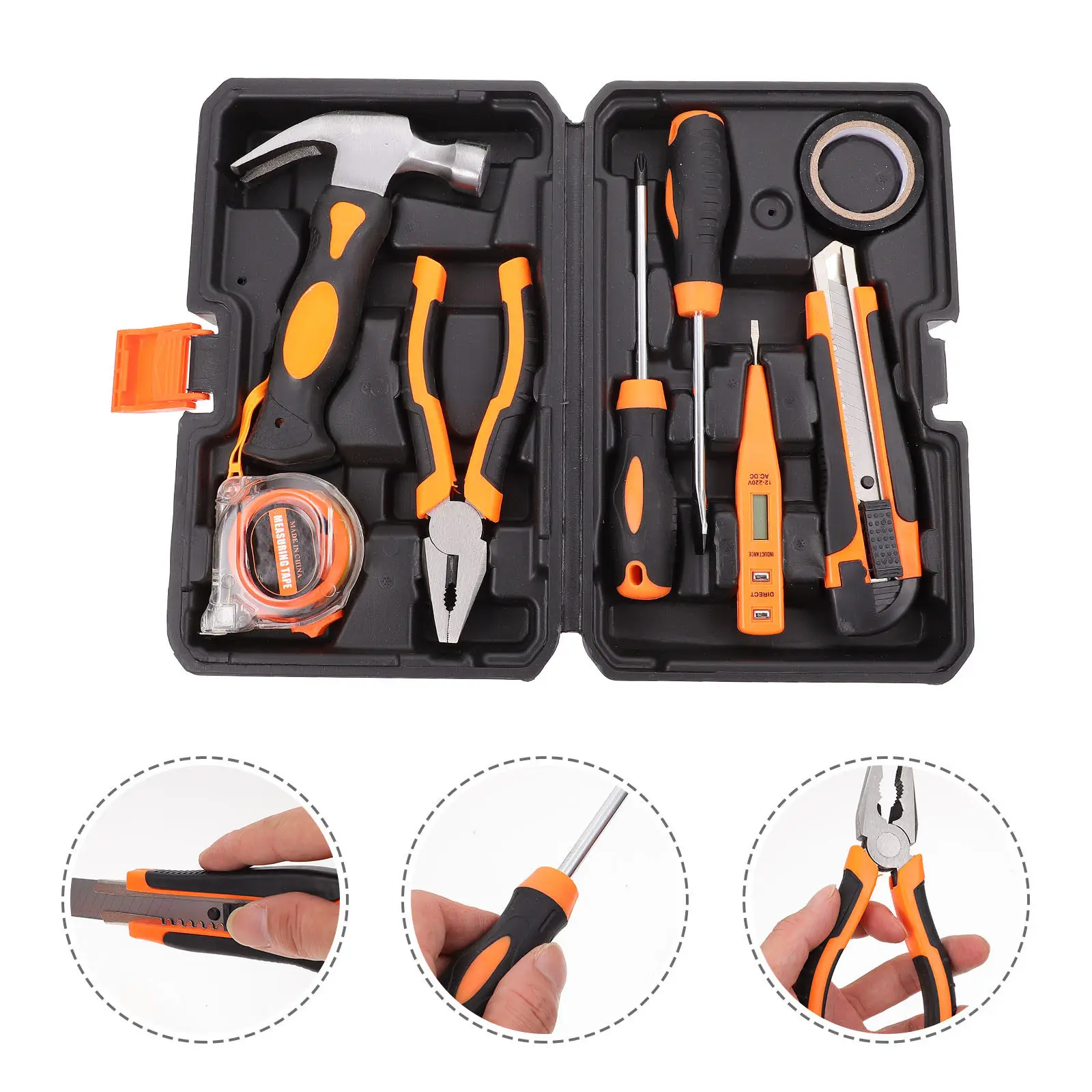

8Pcs Electric Drill Tool Kit Compact Portable Hand Tools Set Tape Measure Pliers Wrench for Home Repair Household Tool Box Kit