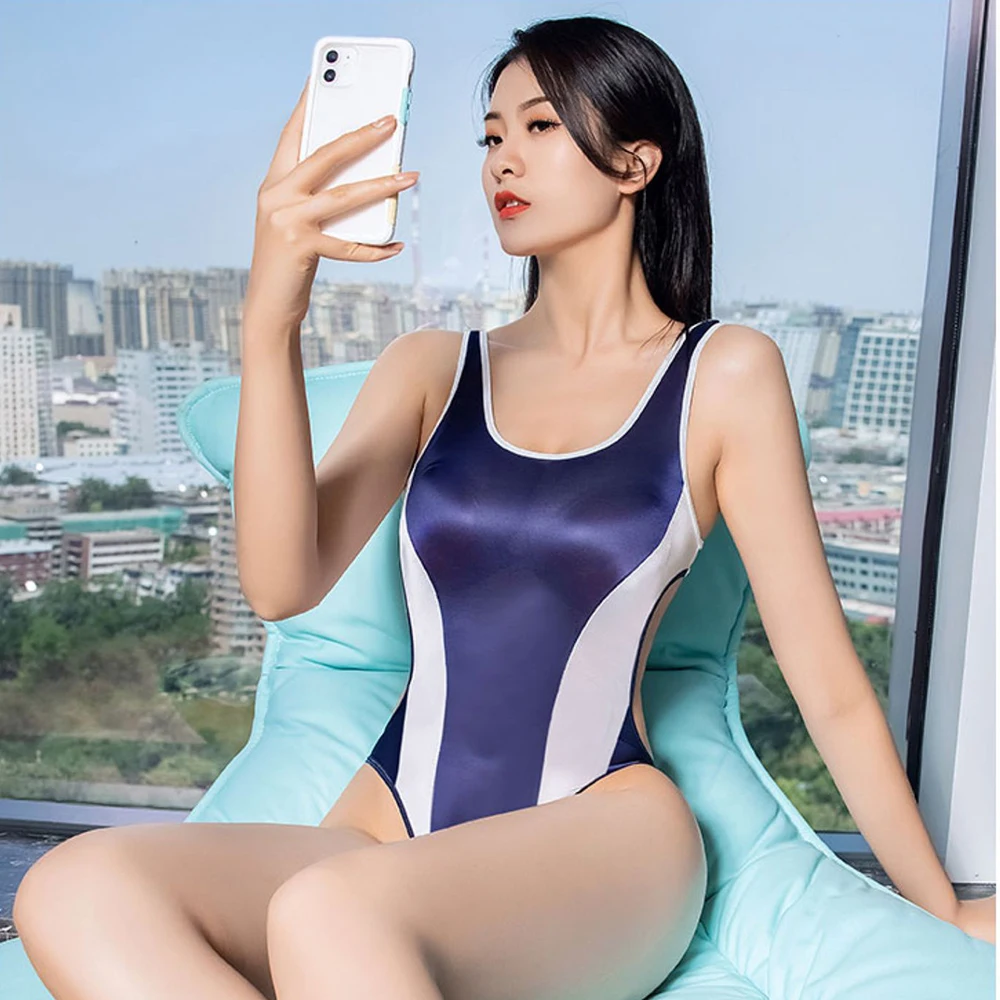 Glossy Oil Bright Soft Tight Perspective Sexy Backless Low Collar Bikini Bathing Suit Swimwear Woman Man Triangle Jumpsuits