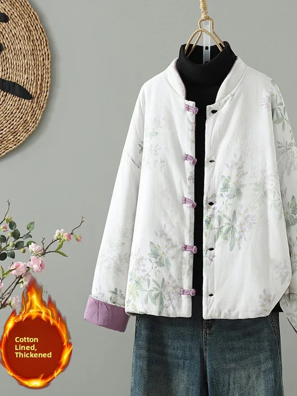 

New Chinese Sle Cotton Linen Jaet Stand Collar Button up Traditional Chinese Faion Women's Coat Thiened Winter Long S...
