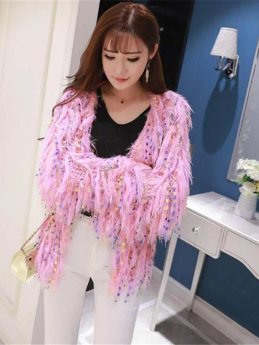 Knitted Jacket Fashion Women Autumn Winter Clothes European Station Colorful Crystal Tassel Long Sleeve Cardigan Sweater