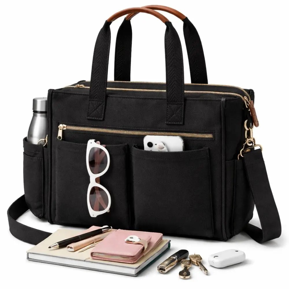 

Новая холщовая сумка-тоут с 15 карманами на молнии, регулируемый ремень, сумка через плечо, большая сумка для ноутбука для женщин