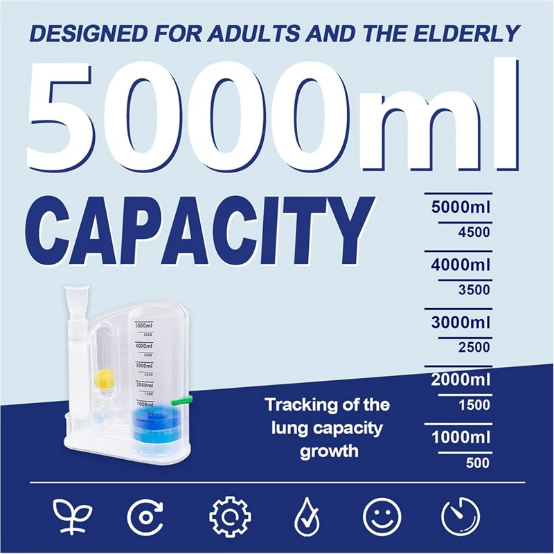 Dispositivo ejercitador de pulmones, entrenador de respiración, medición de volumen inhalado, equipado con indicador de tasa de flujo de bola, 5000ML