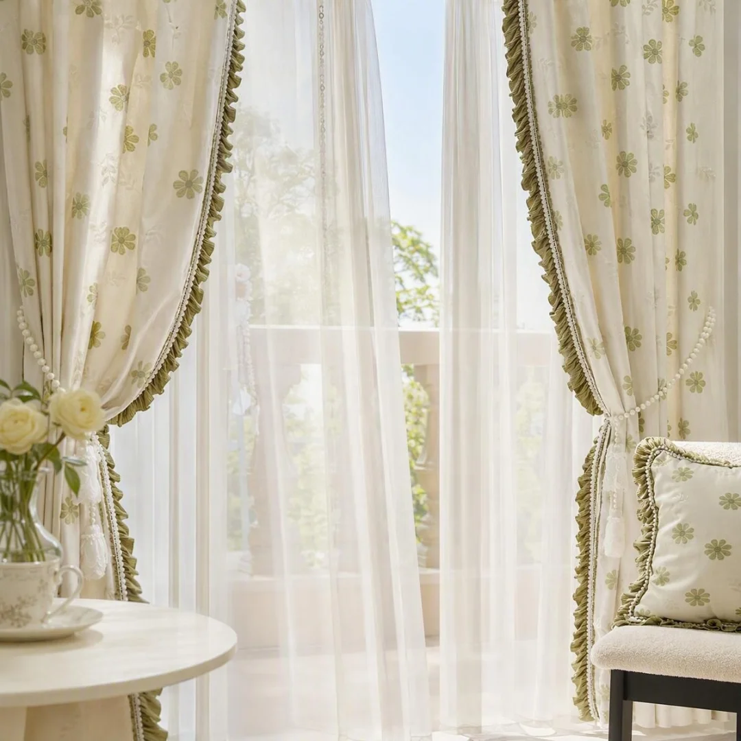 French Green Daisy Floral Curtain With Ruffle Trim Pearl Lace, Cottage Style Semi Sheer Window Drapes