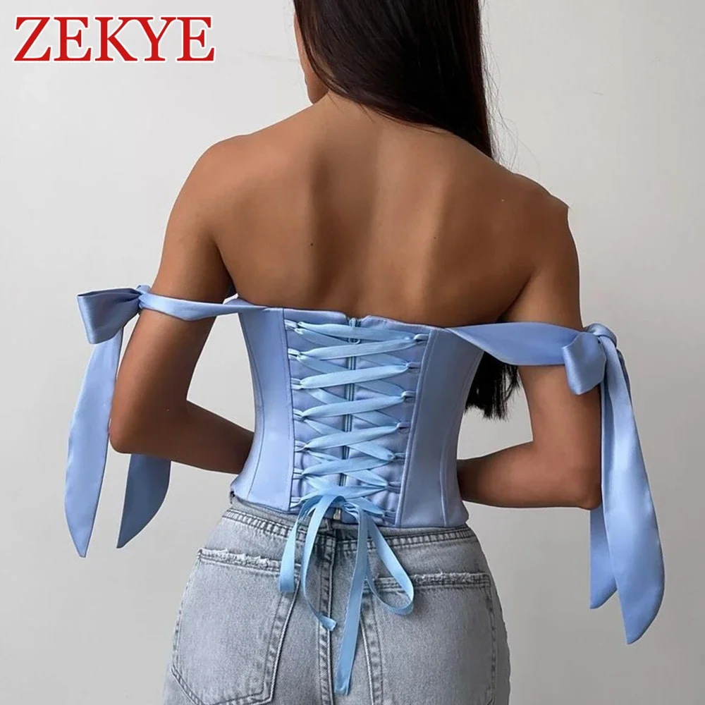 

Zekye Streetwear Bandage Corset Top Women Elegant Solid Satin Kawaii Backless Zipper Slim Crop Top Fashion Summer Clothes