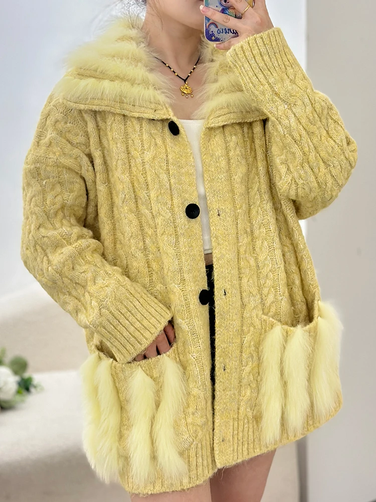 Nuovo autunno inverno abbigliamento lavorato a maglia donna sciolto vera pelliccia di volpe giacca moda maglieria cardigan oversize maglione femminile