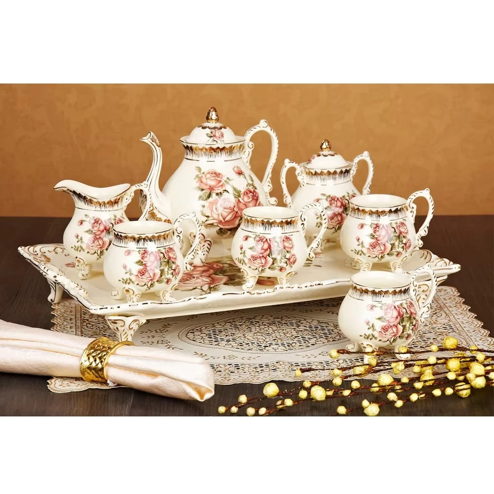 8PCS Coffee Cup Set European Bone Porcelain Ceramic Cup And Dishes Coffee Set Tea With Tray 24K Gold Rose Pattern