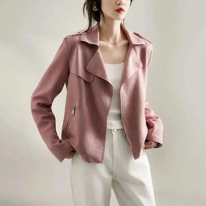 Fashion Short Motorcycle Coat Jacket Loose Casual Women Jackets 2024 New Spring Autumn High-End Korean Deer skin velvet Coat