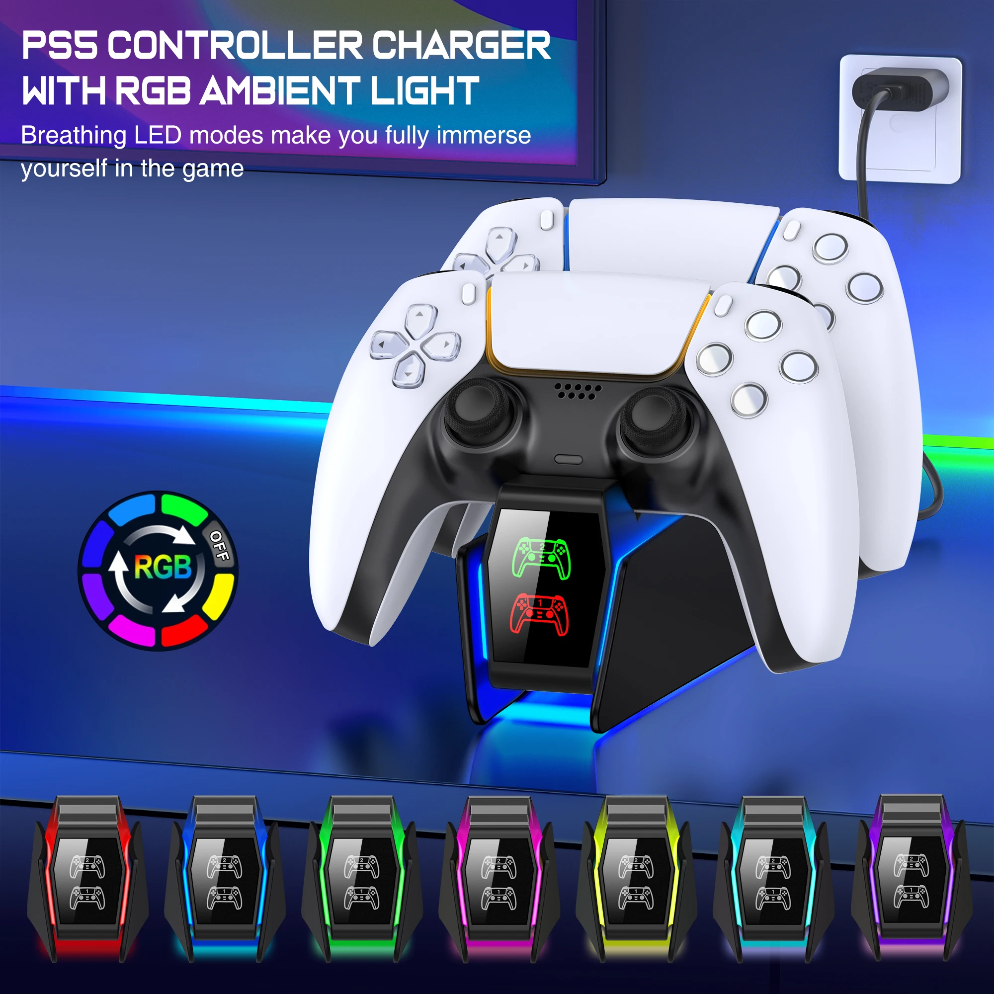 BEBONCOOL For PS5 Controller Charger RGB Fast Charging Station For PlayStation5 Wireless Game Controllers Charging Stand Gamepad