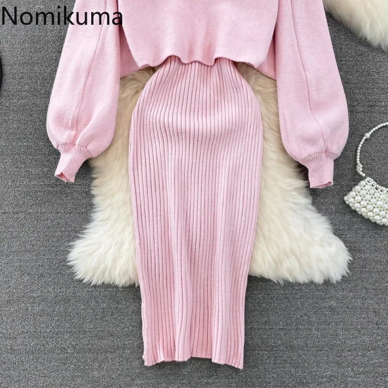 Nomikuma Conjuntos De Falda Autumn Winter Lantern Sleeve Slim Bodycon Simple Ensembles De Jupes Elegant Womens Two Peice Sets