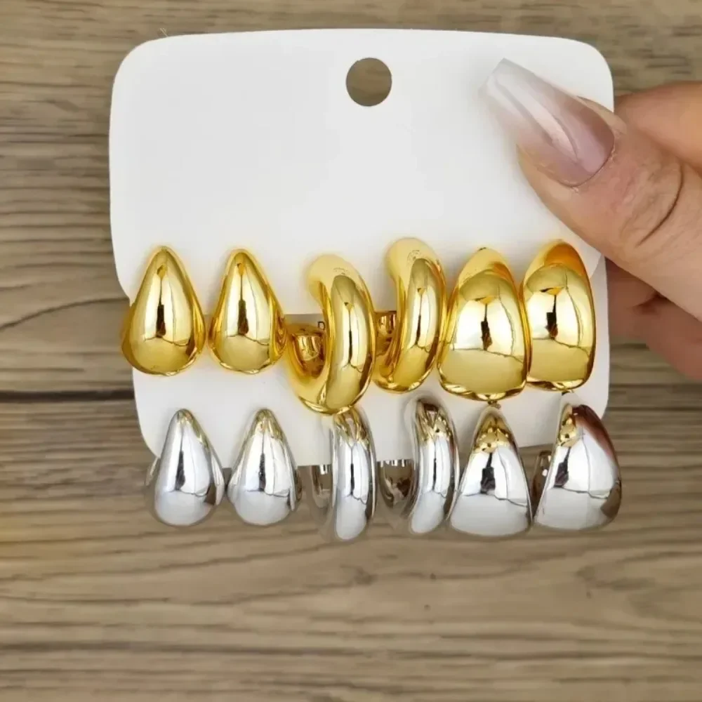 6 Stuks Mode Minimalistische Chunky Vergulde Waterdruppel Oorringen Voor Vrouwen Gladde C-Vormige Waterdruppels Oorbellen Sieraden Gift