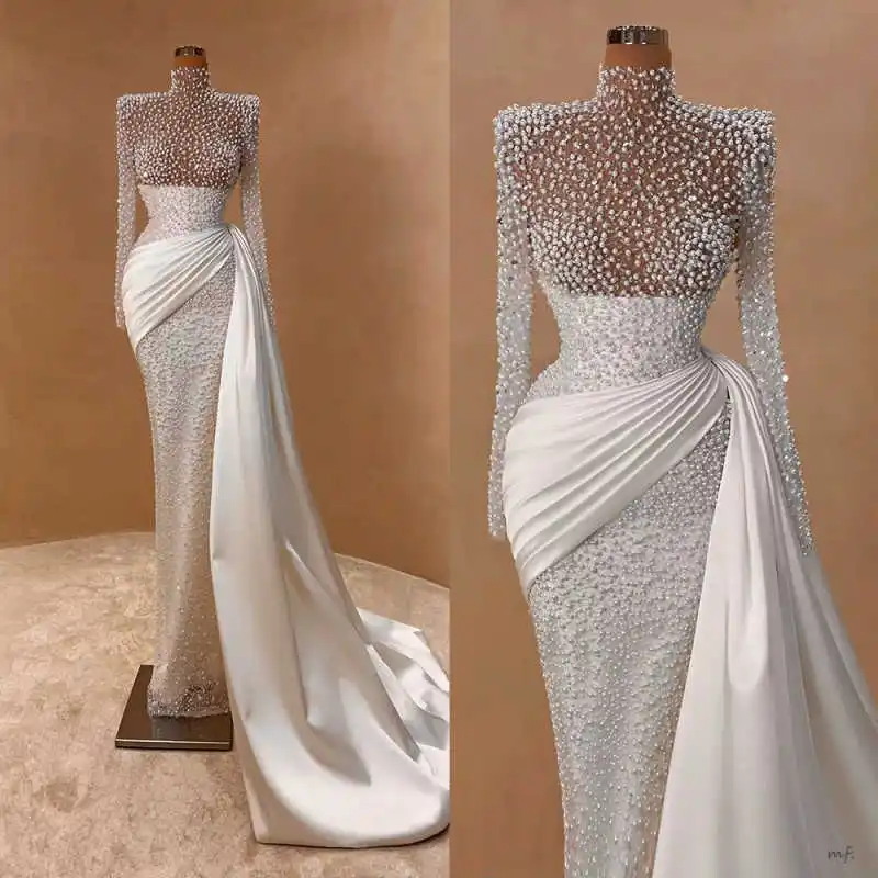 

Gorgeous Mermaid Wedding Dress Pearls High Neck Long Sleeve Bride Dresses Sexy Pleats Floor Length Bridal Gowns Customized