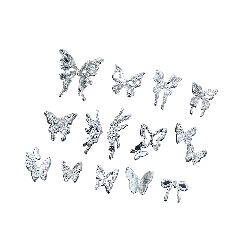 10pcs Metal Butterfly Nail Jewelry Silver Bowknot Manicure Decoration Punk Style Manicure Supplies 3D Alloy Nail Accessories