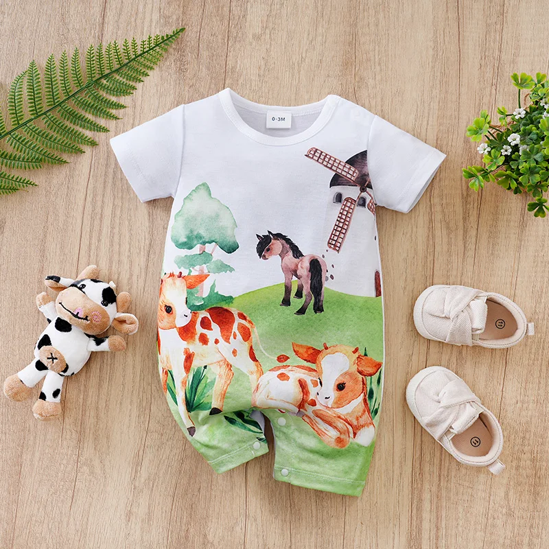 Summer newborn short sleeved cute animal simple jumpsuit, simple style, comfortable and breathable