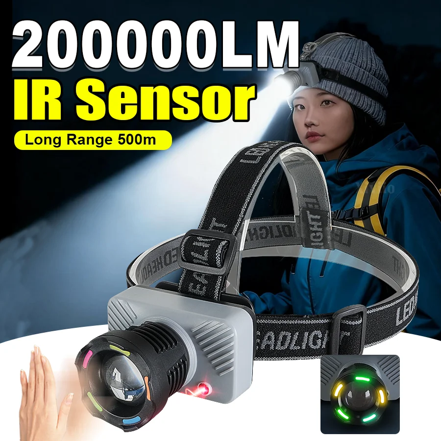 

200000LM Налобный фонарь с датчиком сверхвысокой яркости, уличный сильный свет, дальний налобный фонарь 18650, перезаряжаемый светодиодный налобный фонарь