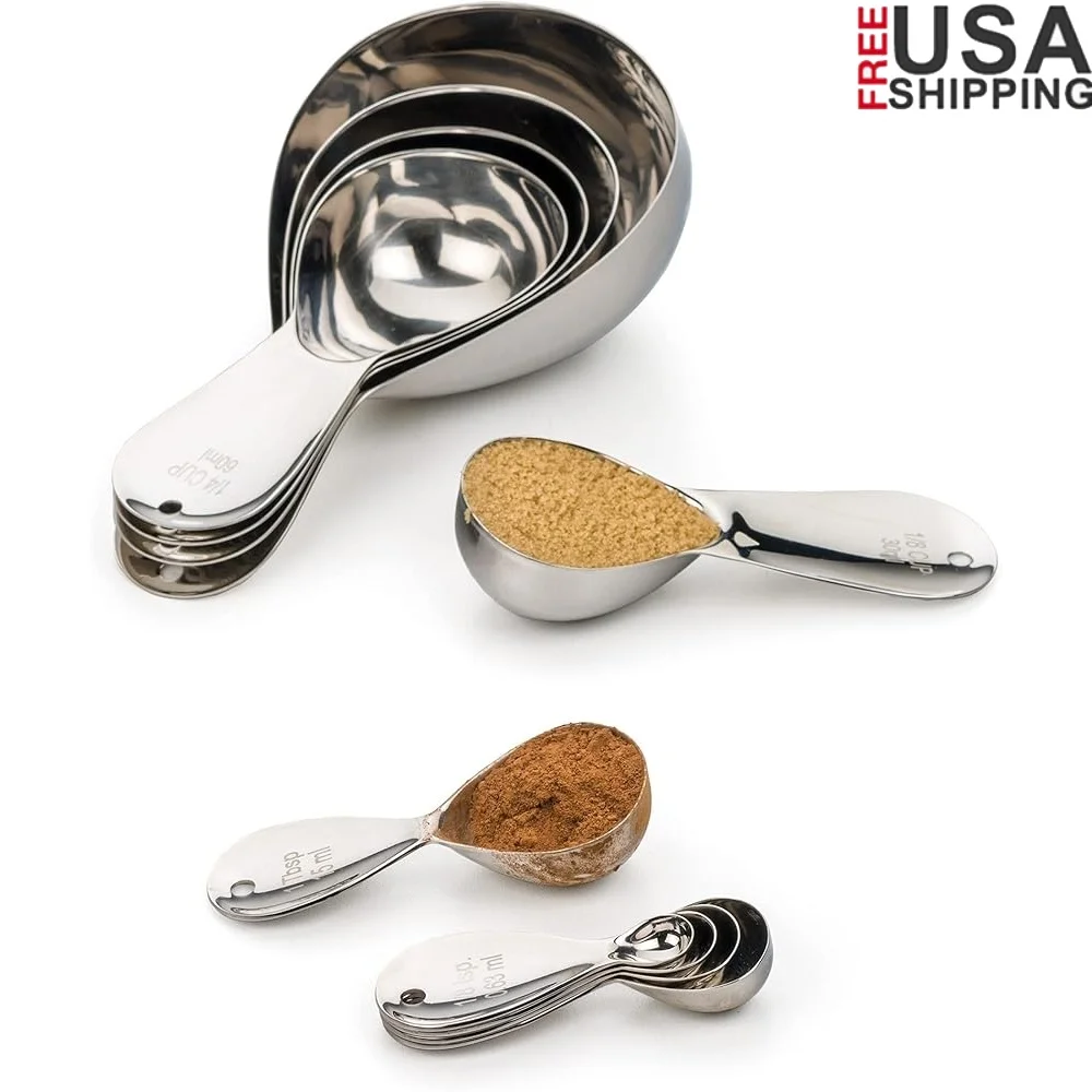 

Durable Stainless Steel Oval Measuring Cups Set of 4 Easy Storage Dishwasher Safe Unique Design Sure Grip Handles Kitchen Use