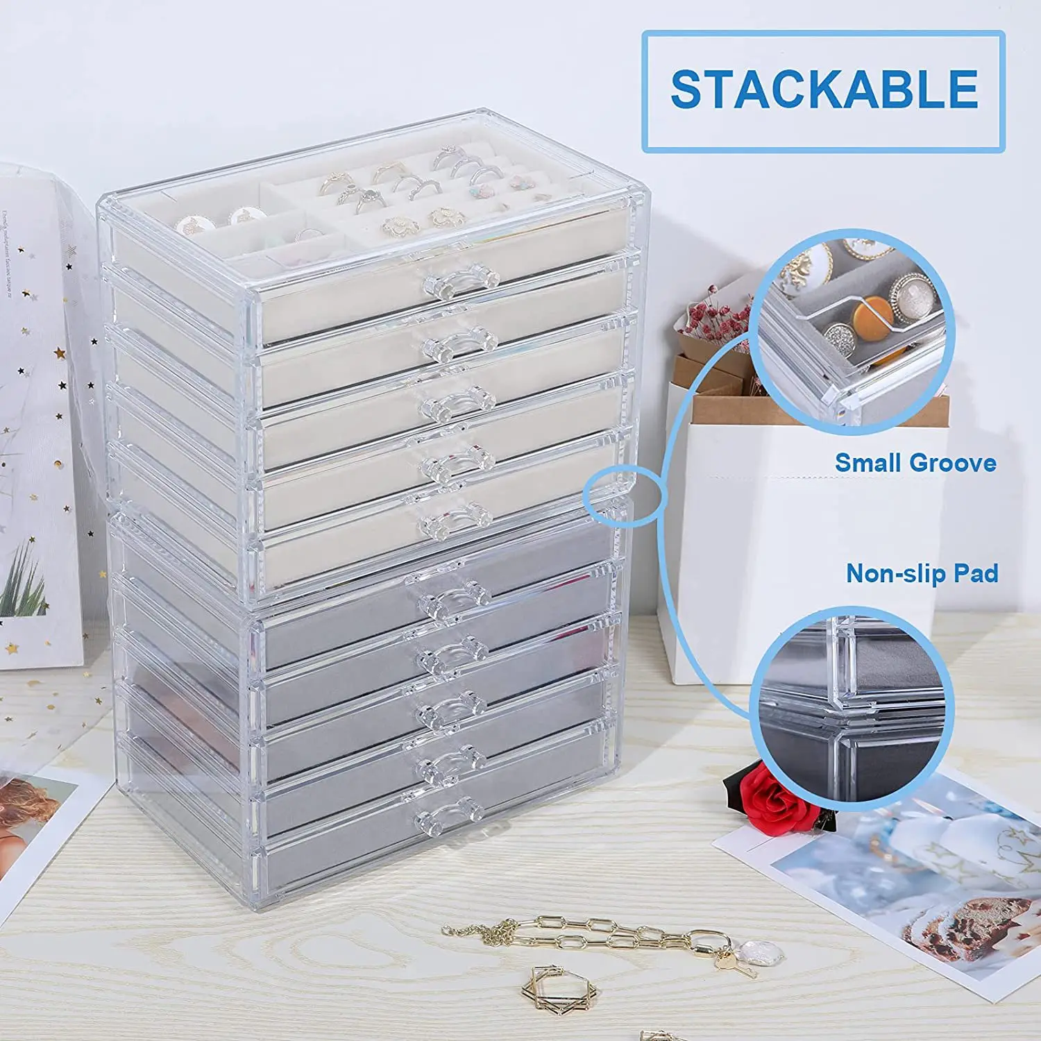 Fashion Acrylic Jewelry Storage Box Organizer for Girl Ring Necklace Drawer Container for Beads Plastic Storage Container Gift