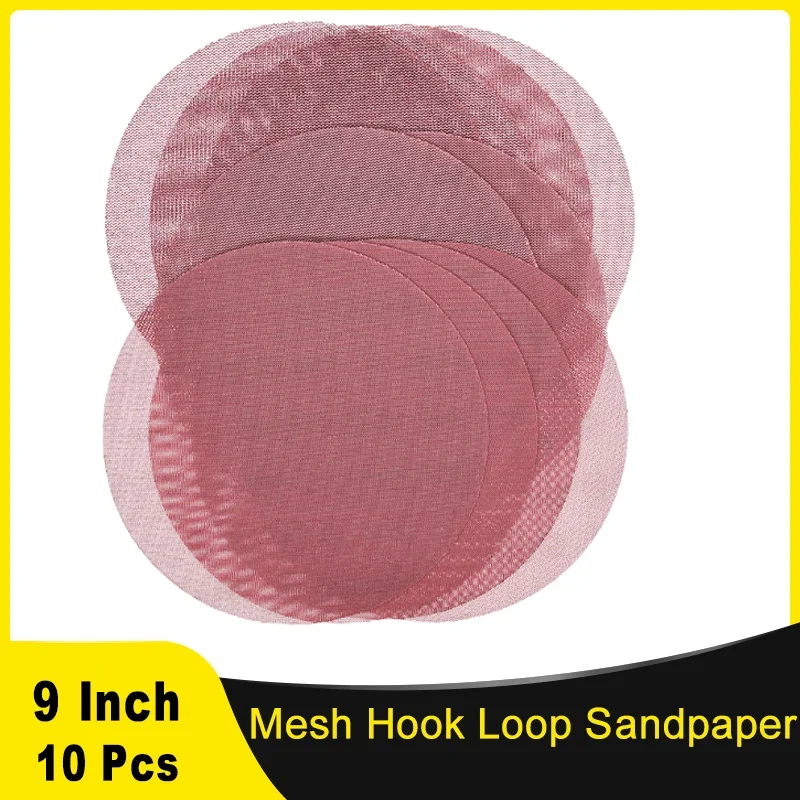 10Pcs 9 Inch 225mm Mesh Abrasive Hook and Loop Sand Paper Dust Free Sanding Discs 80 to 800 Grit Anti-blocking Dry Grinding ﻿