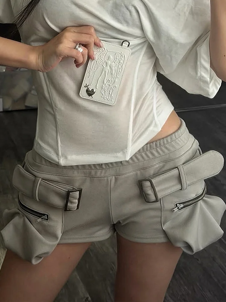 Nibber Hip-Hop Style Zipper Pocket Shorts Women Belt Buckle Decoration Elastic Waist Folds Leisure Hottie Fashion Streetwear