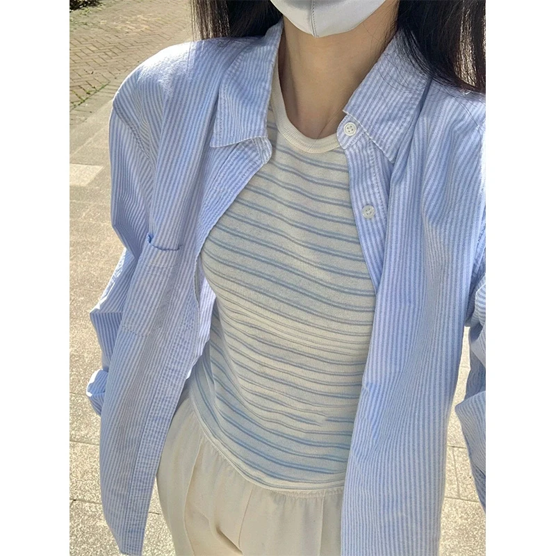 جاكيت قميص نسائي مخطط باللون الأزرق، تصميم جديد لربيع وخريف على الطراز الهونغ كونغي، قطعة علوية أنيقة وفريدة بأكمام طويلة ويا...