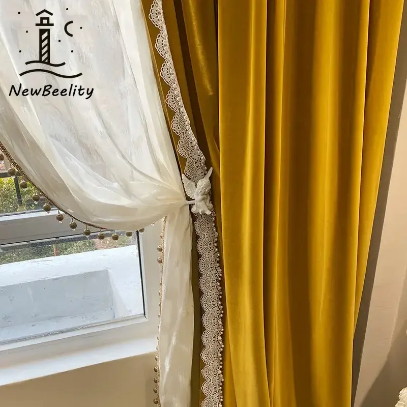 

French Ginger Velvet Luxury Blackout Curtains for Living Room Bedroom Vintage Thick Fabric Flannel Fashion Lace Tulle Custom