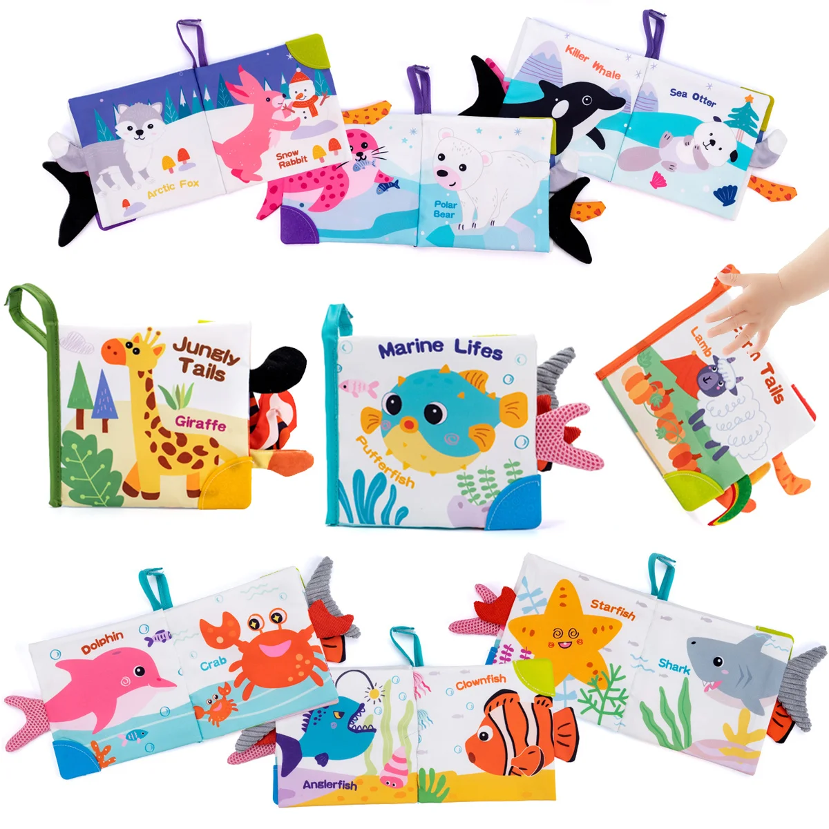 Simpatici giocattoli per libri per bambini, libro in stoffa increspata al tocco e al tatto per neonati, giocattoli morbidi per passeggino interattivi per lo sviluppo precoce