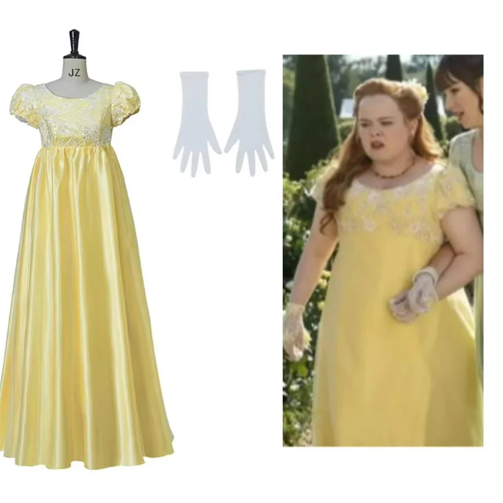 

Penelope Featherington Cosplay Yellow Regency Dress Victoria Ball Dress Jane Austen High Waist Tea Party Dress Halloween dress