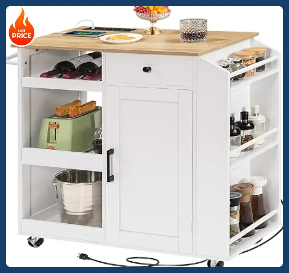 

Hot salesHot sales[Best Seller!]Kitchen Island with Power Outlet, Kitchen Storage Island with Drawer, Rolling Kitchen Cart on Wh