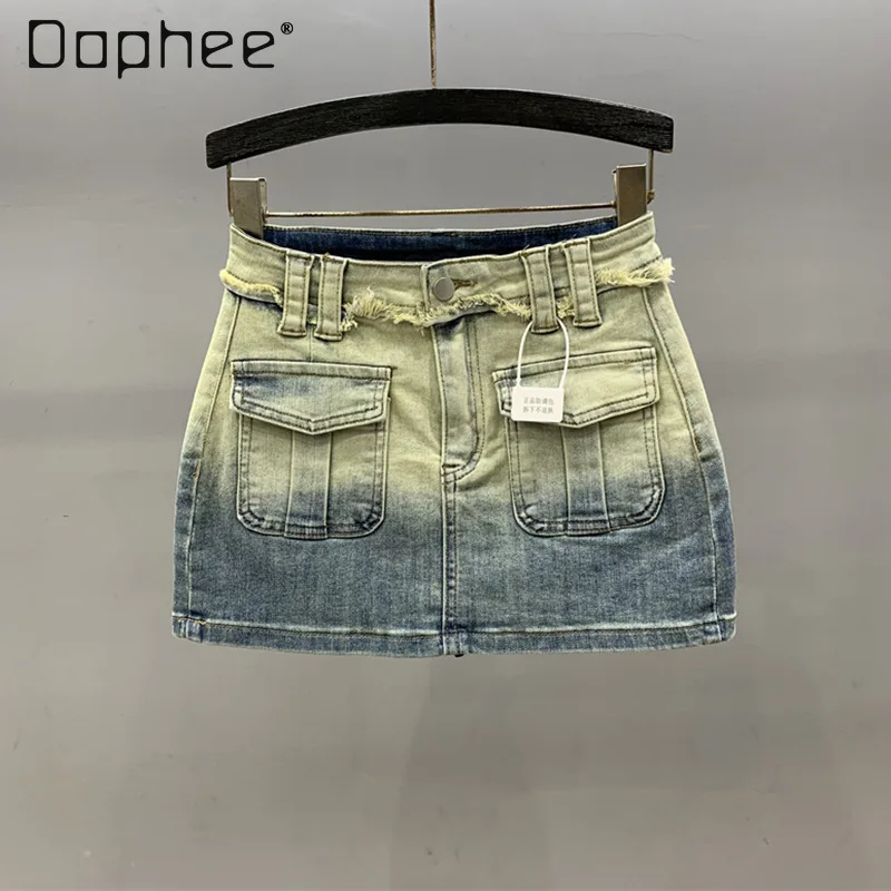 Gradient Street Cargo Denim Skirt Women Pockets Raw Edge Wrap Hip A Line Jeans Mini Skirts Slim Summer Korean Sexy Fashion