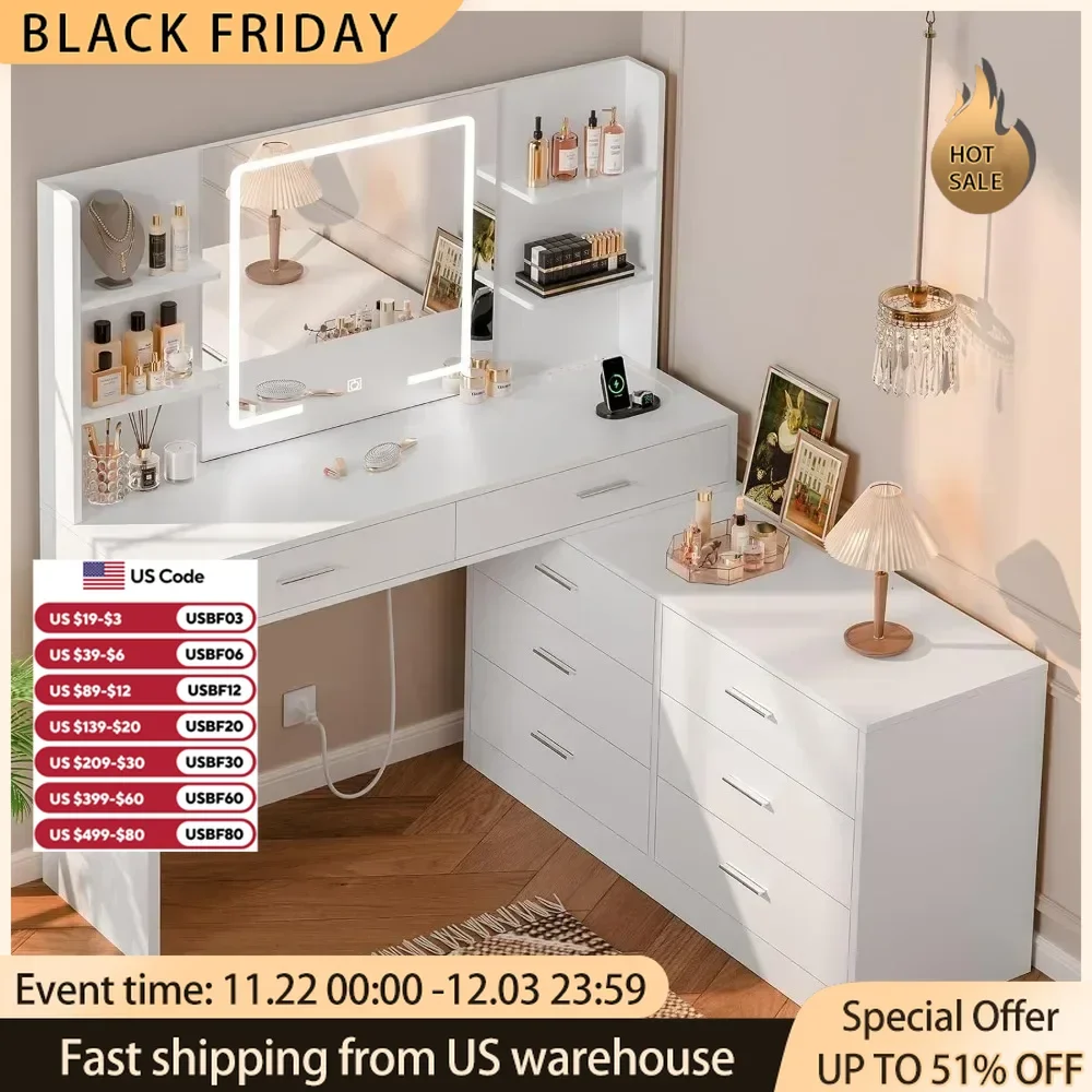 Vanity Desk with LED Lighted Mirror Power Outlet, Makeup Vanity Table with 8 Drawers & Open Shelves, Dressing Table for Bedroom