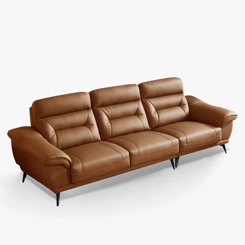 First layer yellow cowhide leather sofa modern simple living room furniture high foot high backrest soft bag Internet