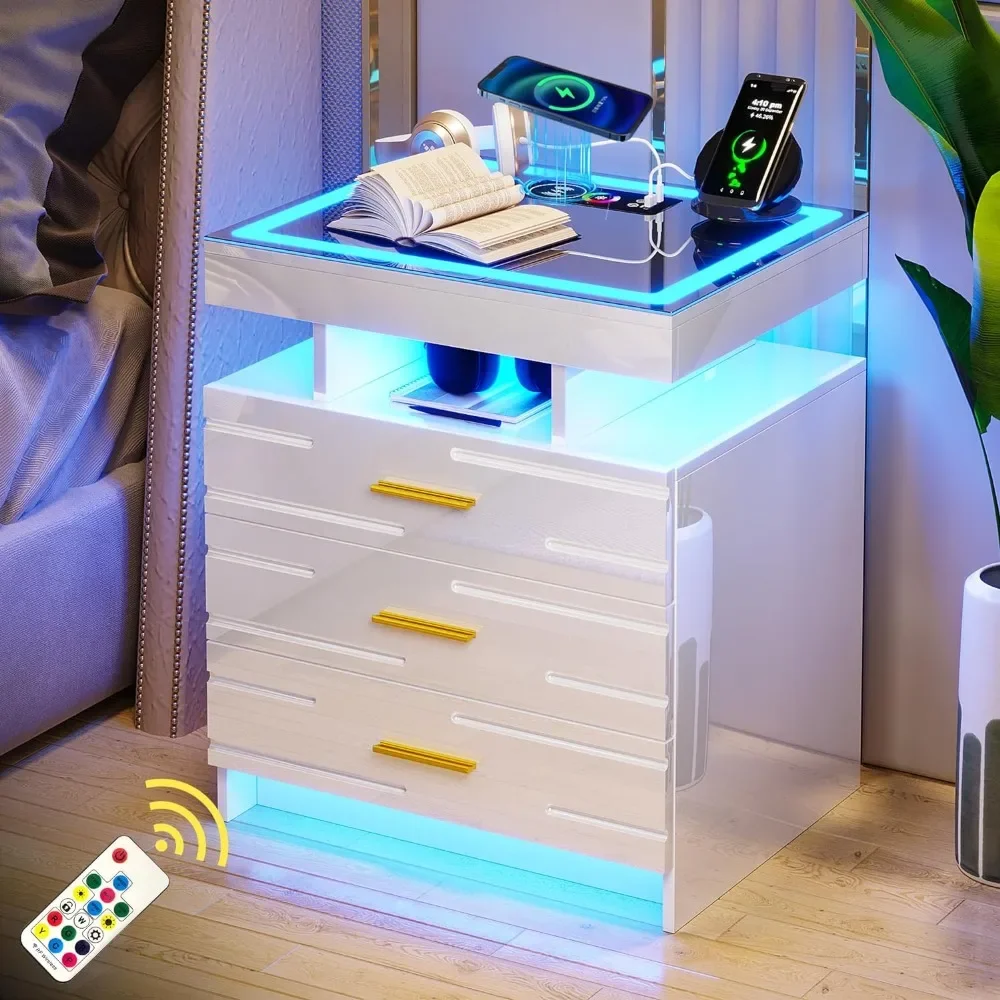 LED Nightstand with Wireless Charging Station & USB Ports, Modern Night Stand with 24 Color Lights, High-Gloss Bedside Tables