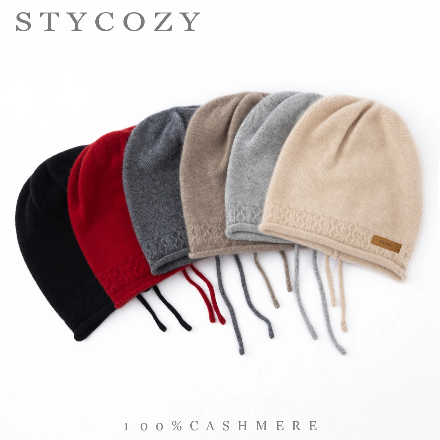 100%Cashmere Women Drawstring Beanie Vintage Cable Cuff Slouchy Skull Cap Soft Lightweight Warm Autumn Winter Solid Knit Hat