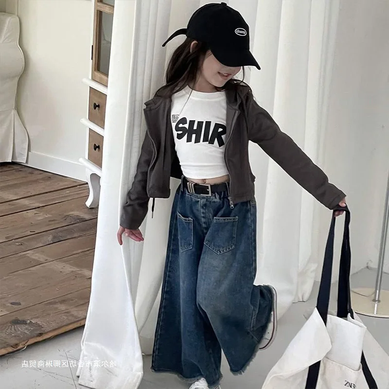 18M-7Y Spring Autumn Girls Jeans Baby Fashionable Children Personality Loose Ragged Edge High Waist Wide Leg Pants