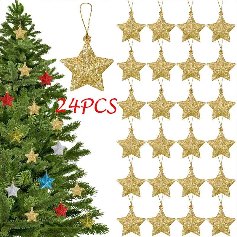 Gold Glitter Star Ornaments Christmas Tree Pendant Plastic Christmas Decorations Festive Embellish Party Navidad Decoration 2025