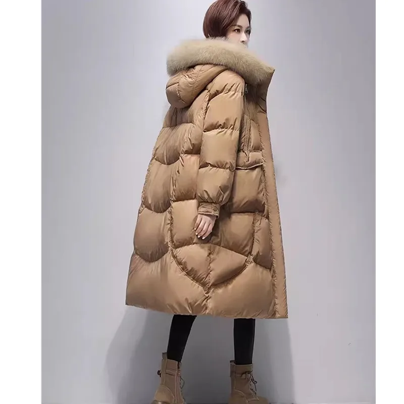 White duck down Jacket Women\'s 2024 New Winter Fox fur collar Warm Thicken Fashion down Coat Female Hooded Parker Long Overcoat