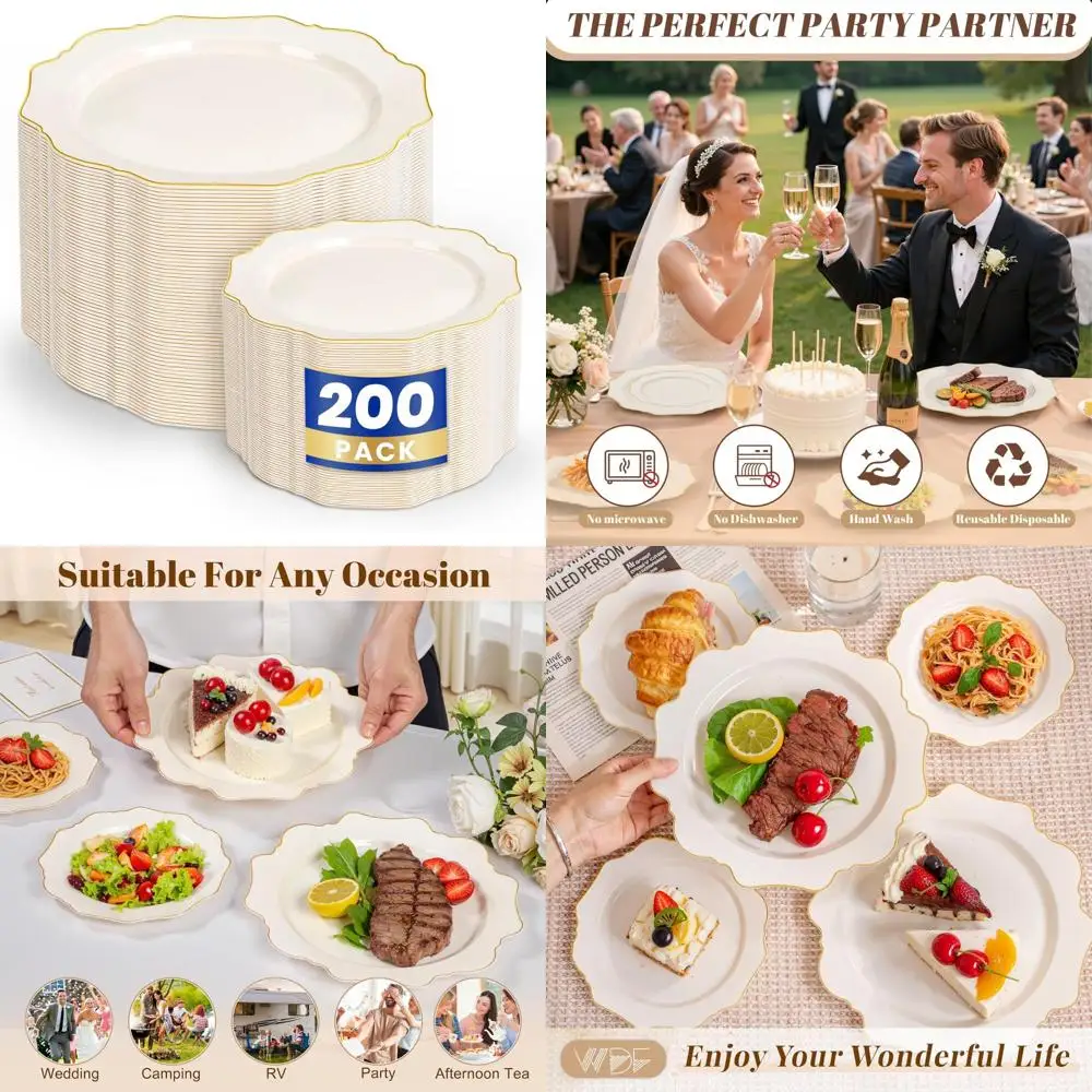 

Пластиковые тарелки цвета слоновой кости кремового цвета с золотой оправой — упаковка 200 штук (100 ужина и 100 десертов), необычные одноразовые тарелки для элегантных случаев