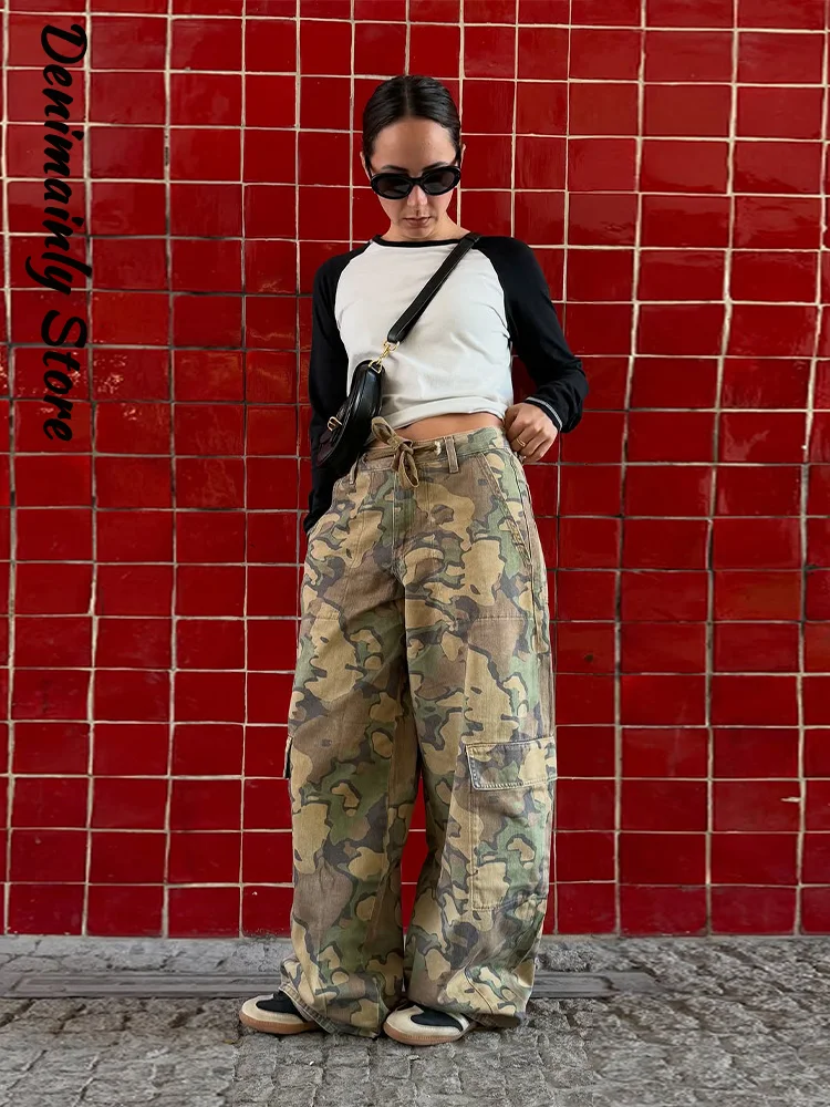 Fashion Women's Printed Jeans Loose High Wais tLace Up Pockets Button Work Pants Female 2026 Autumn Lady Street Vintage Trousers
