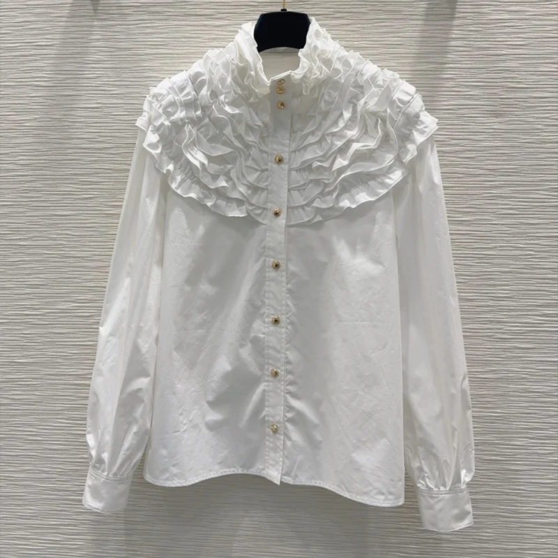 

High-quality women's three-dimensional pleated ruffled stand-up collar elegant French-style blouse long-sleeved shirts 2592538
