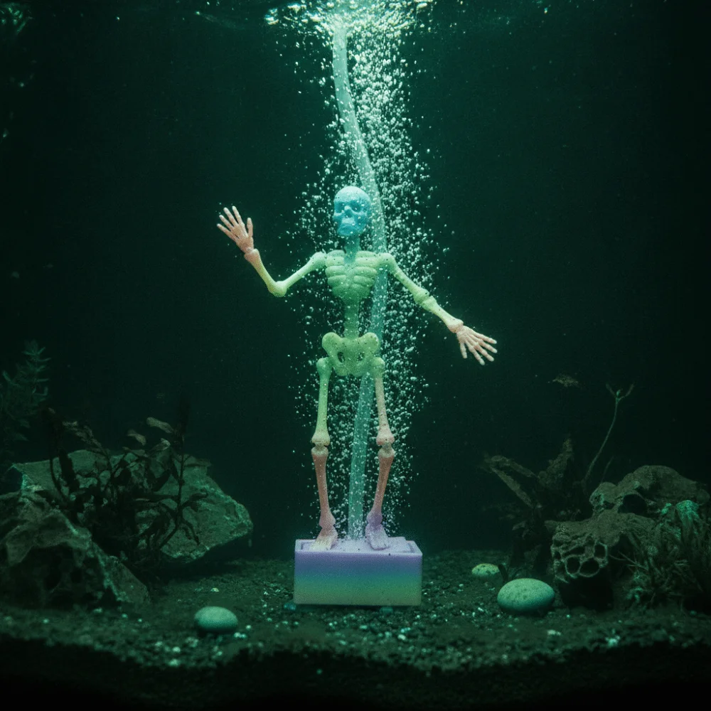 Movable Joints Aquarium Ornament Glow Dark Bubble Driven Fish Tank Decoration Non Toxic 3D Printed Dancing Bone Office Desk
