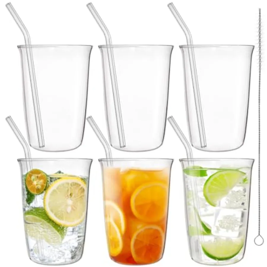 

6 Piece Drinking Glasses 16 Oz Clear Water Glass Set with Straws Lead-free Highball Glass Cup Kitchen Glassware for Juice Bever