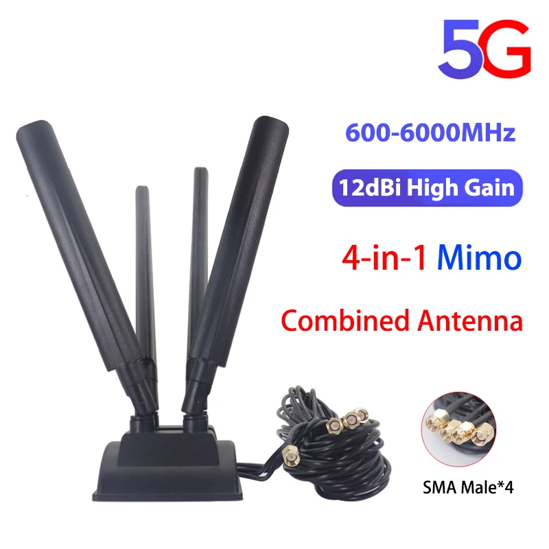 5G Router Quad-Band Antenna 12dBi Omni MIMO Amplifier WiFi Signal Reception Booster SMA*4 Extension Cable Strong Magnetic Base